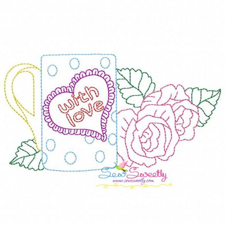 Valentine's Day Color Work- Coffee Cup Roses Embroidery Design Pattern