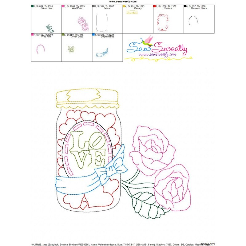Valentines day color work love candies jar embroidery design  sew Valentines day color work love candies jar embroidery design  sew
