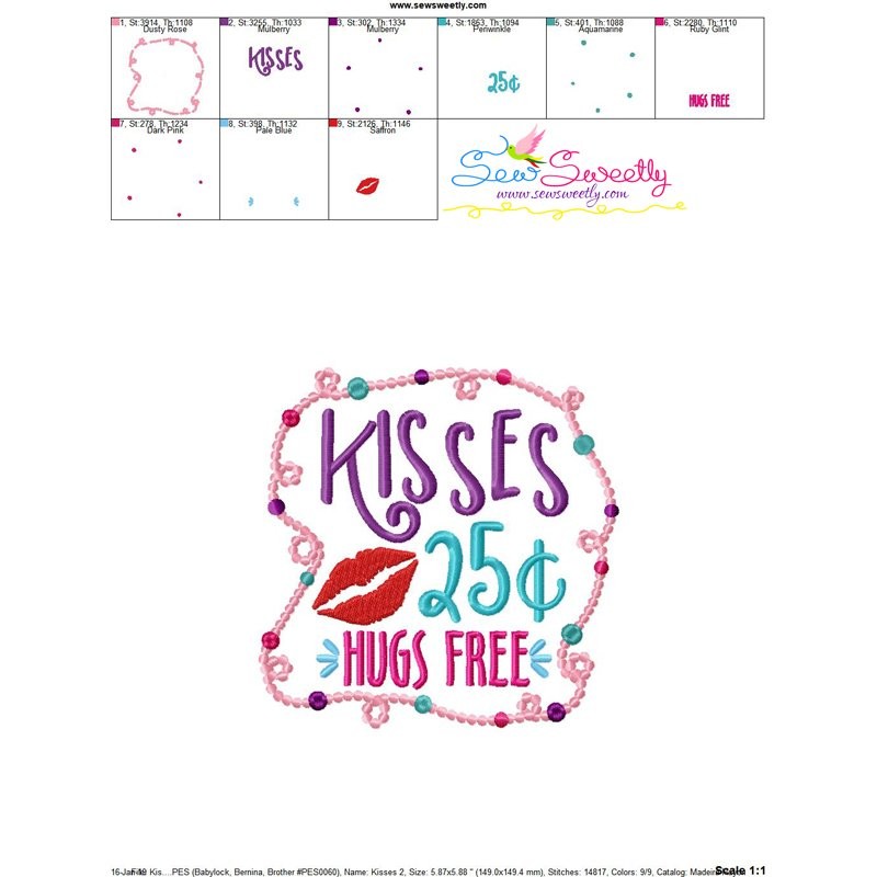 Kisses 25 cents hugs free embroidery design  sew sweetly