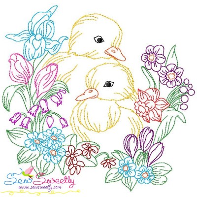 Colorwork Easter Chicks Flowers Embroidery Design Pattern-1
