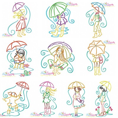 Girls and Umbrella Embroidery Design Pattern Bundle-1