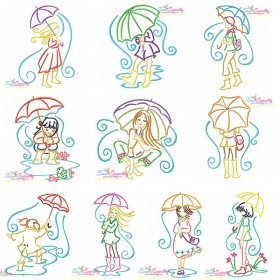 Girls and Umbrella Embroidery Design Bundle-1