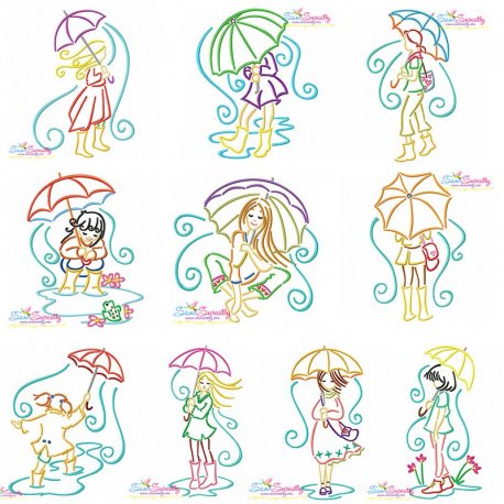 Girls and Umbrella Embroidery Design Bundle- 1