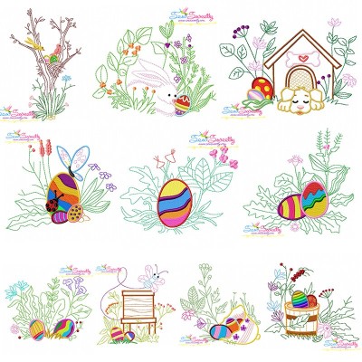 Easter Eggs Hidden In The Garden Embroidery Design Pattern Bundle-1