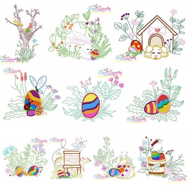 Easter Eggs Hidden In The Garden Embroidery Design Bundle-1