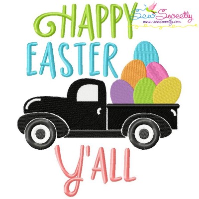 Happy Easter Y'all Truck Lettering Embroidery Design Pattern-1