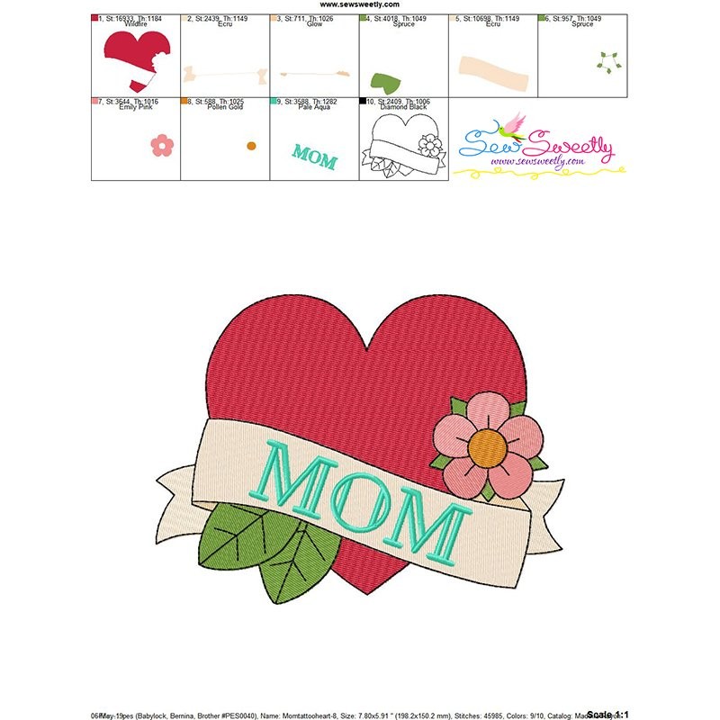 Mom Heart Embroidery Design Pattern