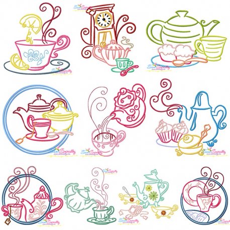 Color Satin Stitches Tea Time Embroidery Design Pattern Bundle-1