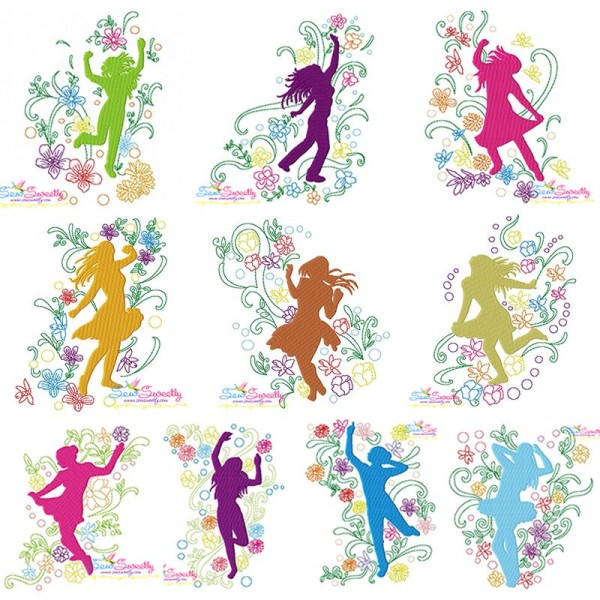 Spring Flowers Dancing Girls Embroidery Design Bundle-1