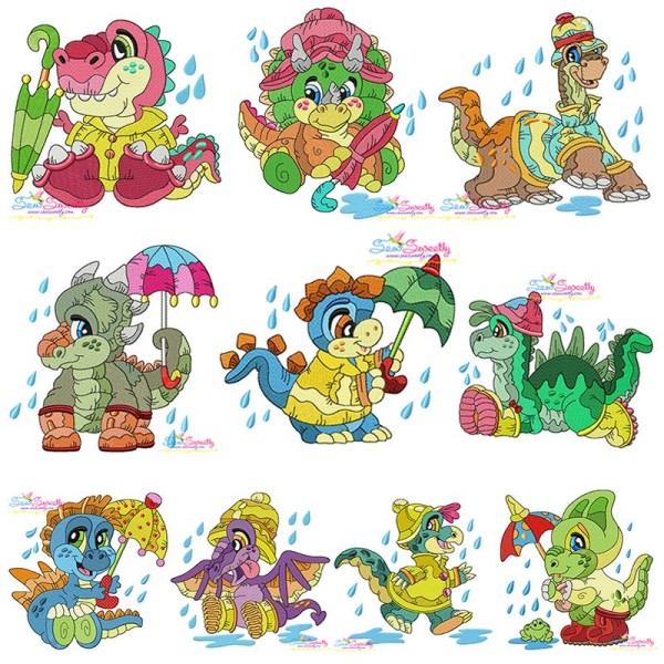 Rainy Baby Dinosaurs Embroidery Design Bundle-1