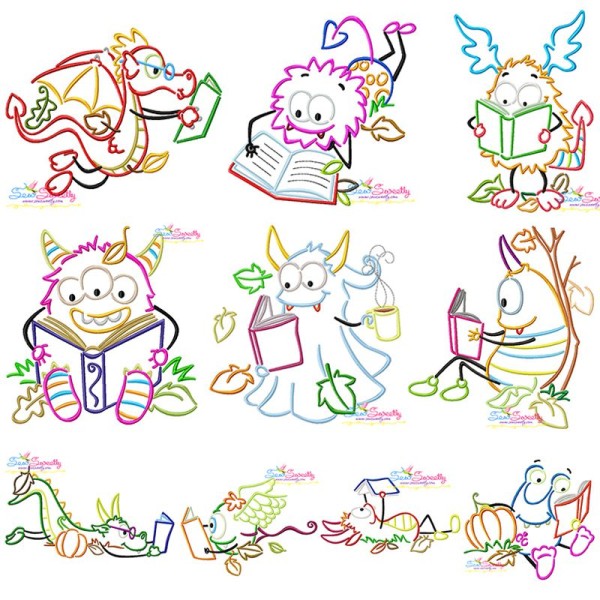 Reading in Fall Monsters Embroidery Design Bundle-1