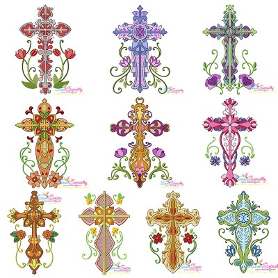 Floral Crosses Machine Embroidery Design Pattern Bundle-1