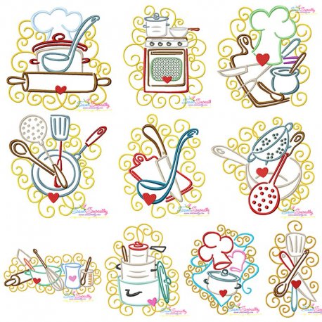 Swirly Kitchen Machine Embroidery Design Pattern Bundle 