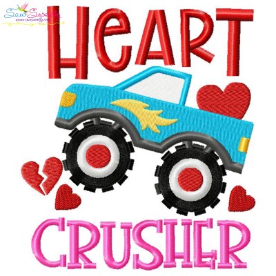 Heart Crusher Monster Truck Valentine Lettering Embroidery Design Pattern-1