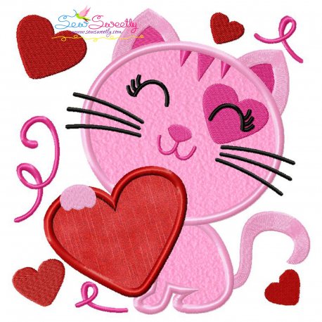 Valentine Heart Kitty Cat Applique Design Pattern-1