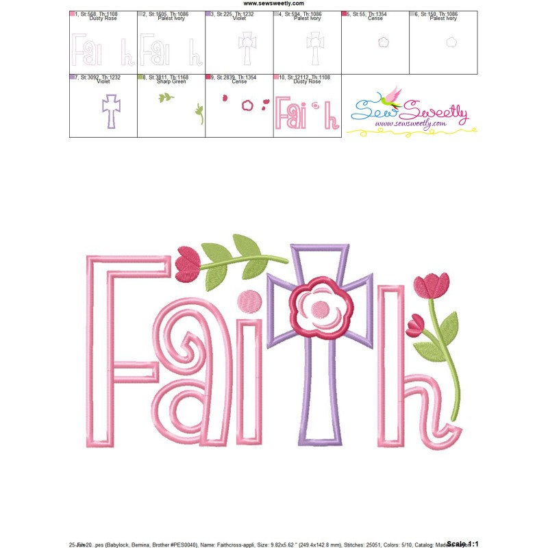 Faith Floral Cross Lettering Applique Design Pattern