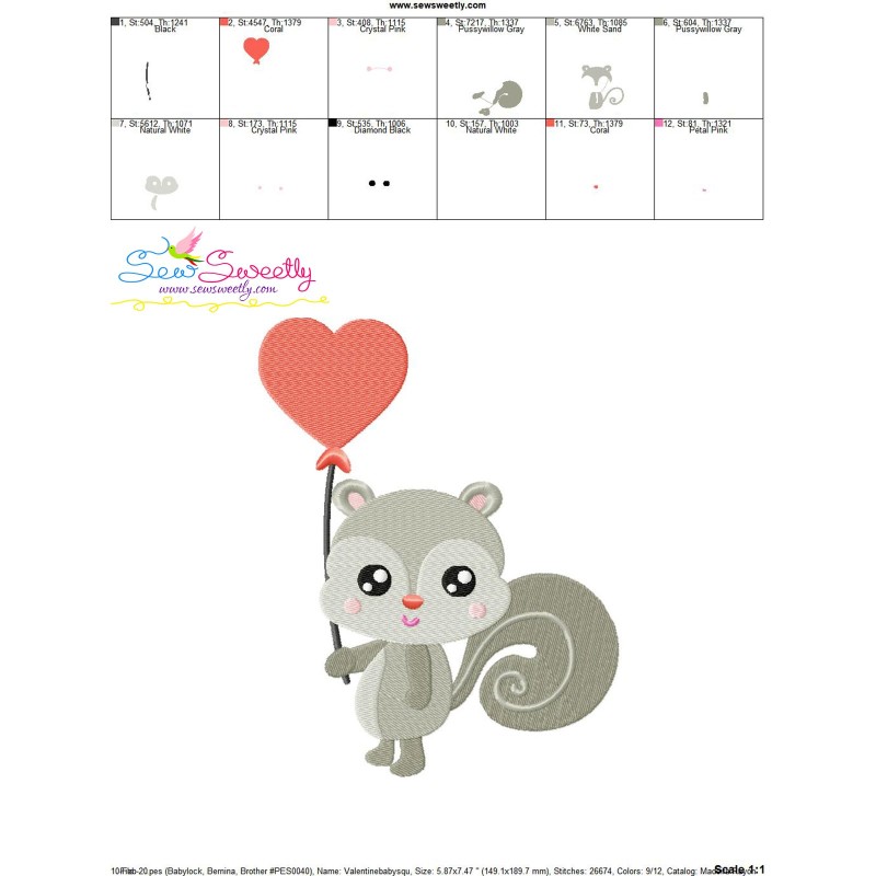 Valentine baby squirrel heart embroidery design  sew sweetly Valentine baby squirrel heart embroidery design  sew sweetly