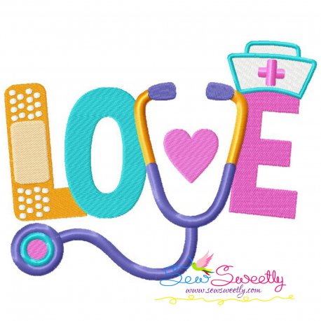 Love Nursing Stethoscope Bandage Lettering Embroidery Design Pattern