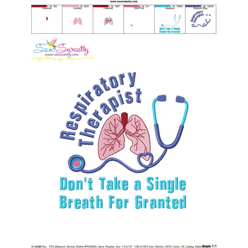 Respiratory Therapist Medical Lettering Embroidery Design Pattern