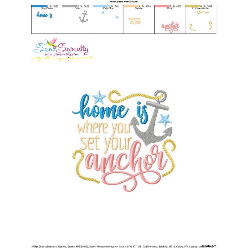 Home Where You Set Your Anchor Beach Lettering Embroidery Design Pattern