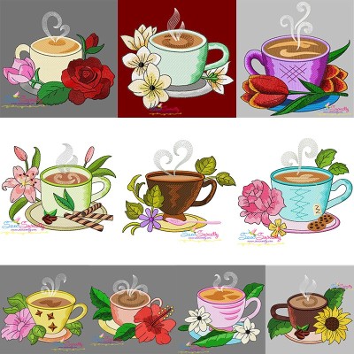 Cup And Flowers Embroidery Design Pattern Bundle-1
