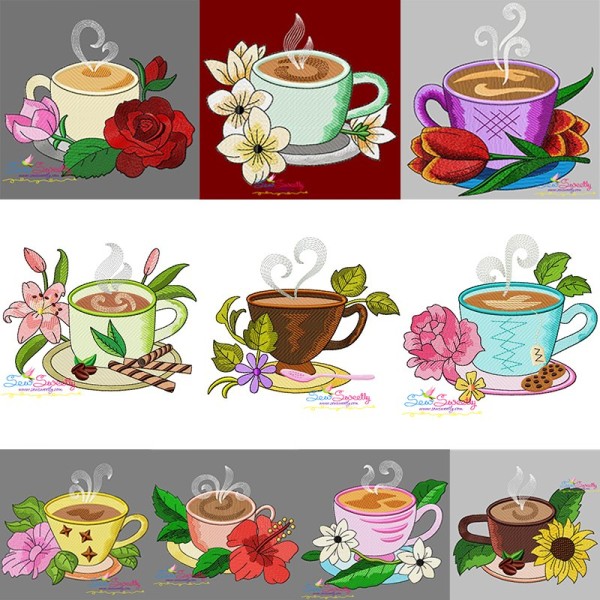 Cup And Flowers Embroidery Design Bundle-1